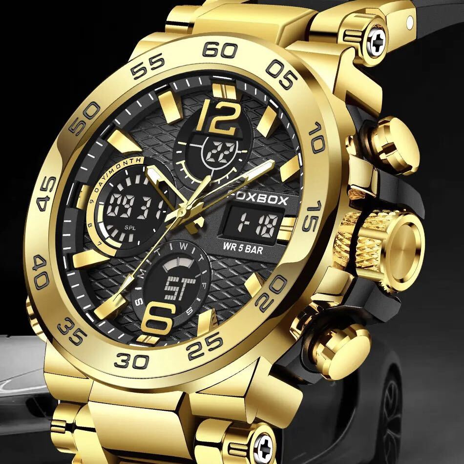 新品 FOXBOX デュアルウォッチ50M防水メンズ腕時計 ラバーストラップ ブラック＆ゴールド_画像2