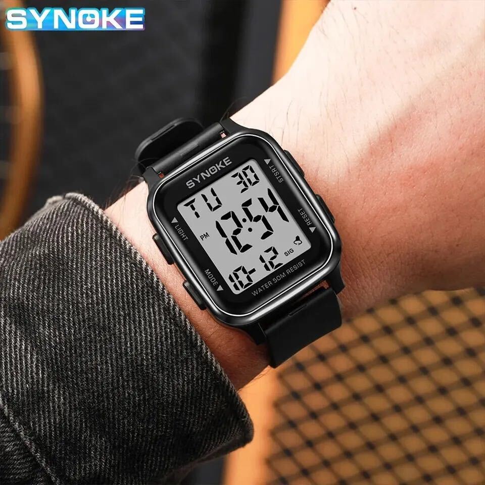 新品 SYNOKEスポーツデジタル 防水 デジタルストップウォッチ メンズ腕時計 スクエア ブラック 9836_画像5