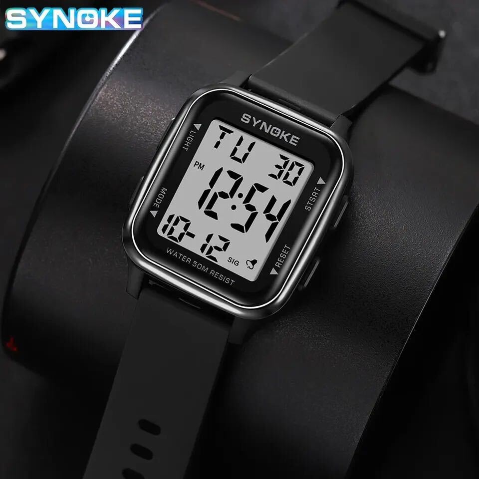 新品 SYNOKEスポーツデジタル 防水 デジタルストップウォッチ メンズ腕時計 スクエア ブラック 9836_画像3