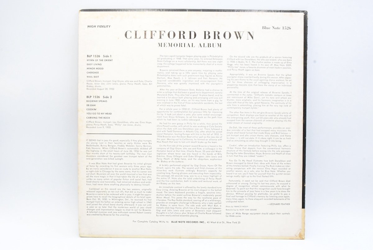 【LPレコード】BLUE NOTE 1526 CLIFFORD BROWN クリフォード・ブラウン 耳マーク 手書きRVG Rマークあり 20784555_画像2