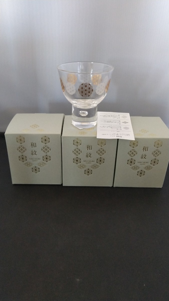 東洋佐々木カラス 冷酒グラス 和紋 麻の派柄 日本製 130ml 3つセット 未使用品_画像1