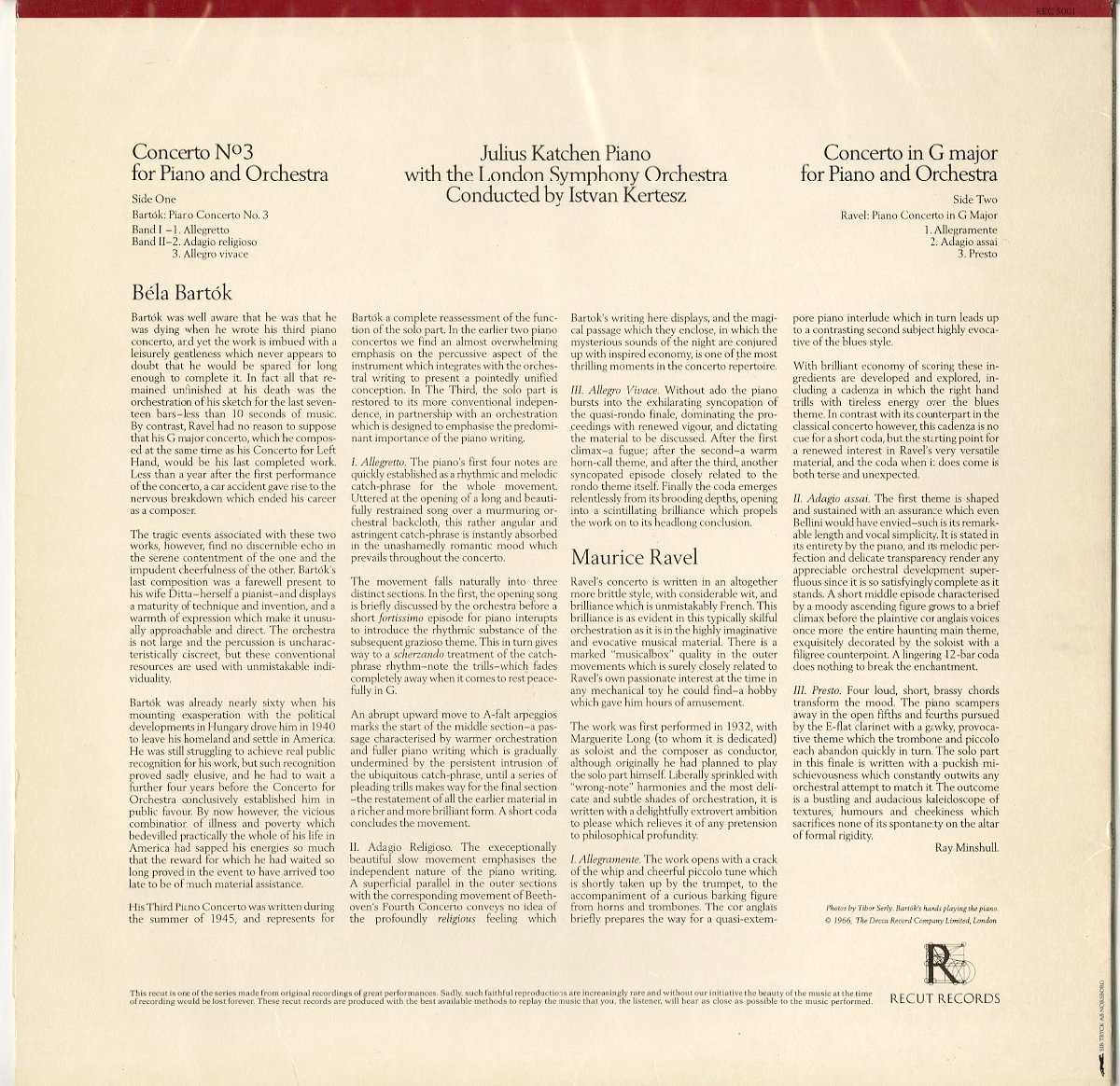 英RECUT RECORDS REC5001 ジュリアス・カッチェン バルトーク「ピアノ協奏曲」|ラヴェル「左手協奏曲」＊_画像2