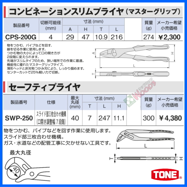 TONE-64 d-1円　プライヤー 2点セット コンビネーションスリムプライヤ セーフティプライヤ CPS-200G SWP-250 ウォーターポンププライヤー_画像7