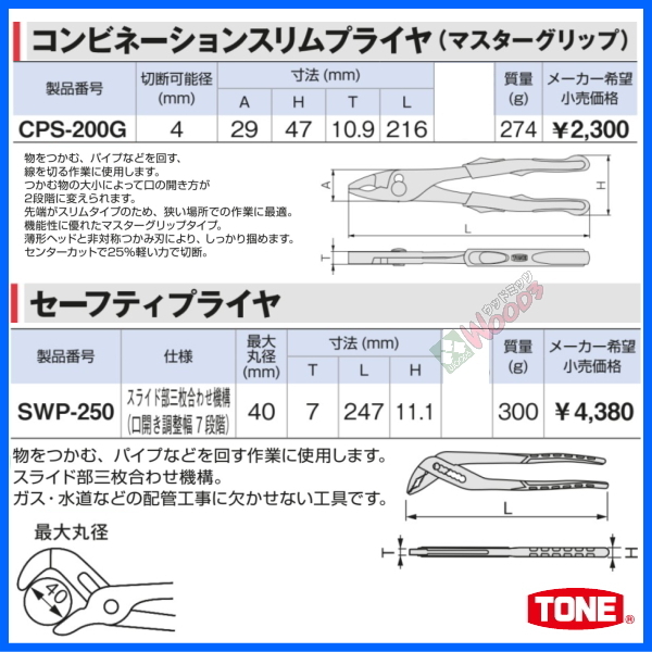 TONE-64 d-1円 プライヤー 2点セット コンビネーションスリムプライヤ セーフティプライヤ CPS-200G SWP-250 ウォーターポンププライヤーの画像7
