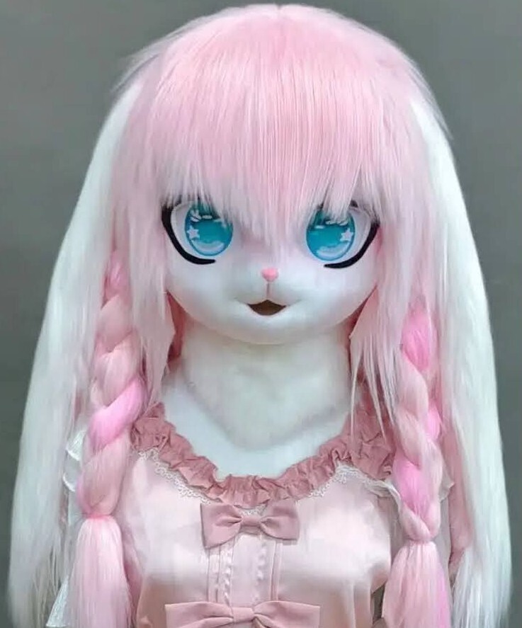 新製品 兎面 ウサギ ファースーツ 着ぐるみ ヘッドのみ ケモノ マスク ロップイヤー ピンク