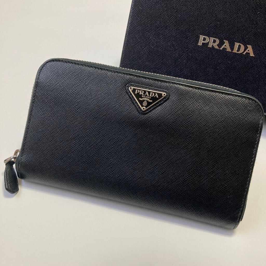 ★PRADA プラダ ラウンドファスナー ジップ 長財布 サフィアーノレザー 三角ロゴ ブラック 黒【鑑定済み 本物保証】_画像1