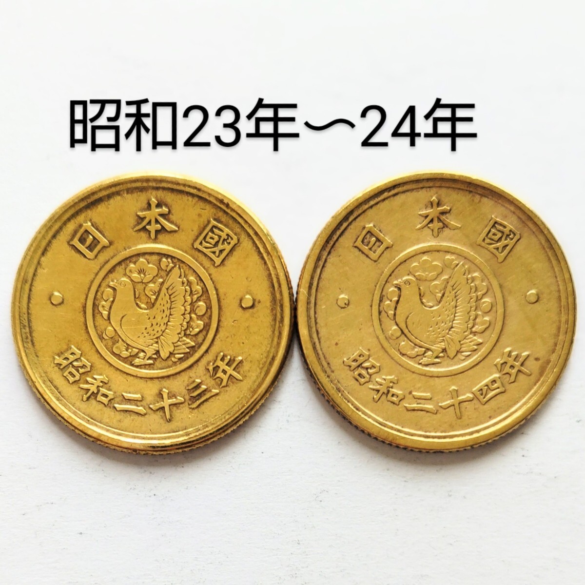 ●穴なし●5円黄銅貨★昭和23年/24年★5円硬貨★5円★五円★フデ五 楷書体 穴ナシ 穴無し 特年硬貨 2枚★国会議事堂★鳩★梅花★コイン★の画像1