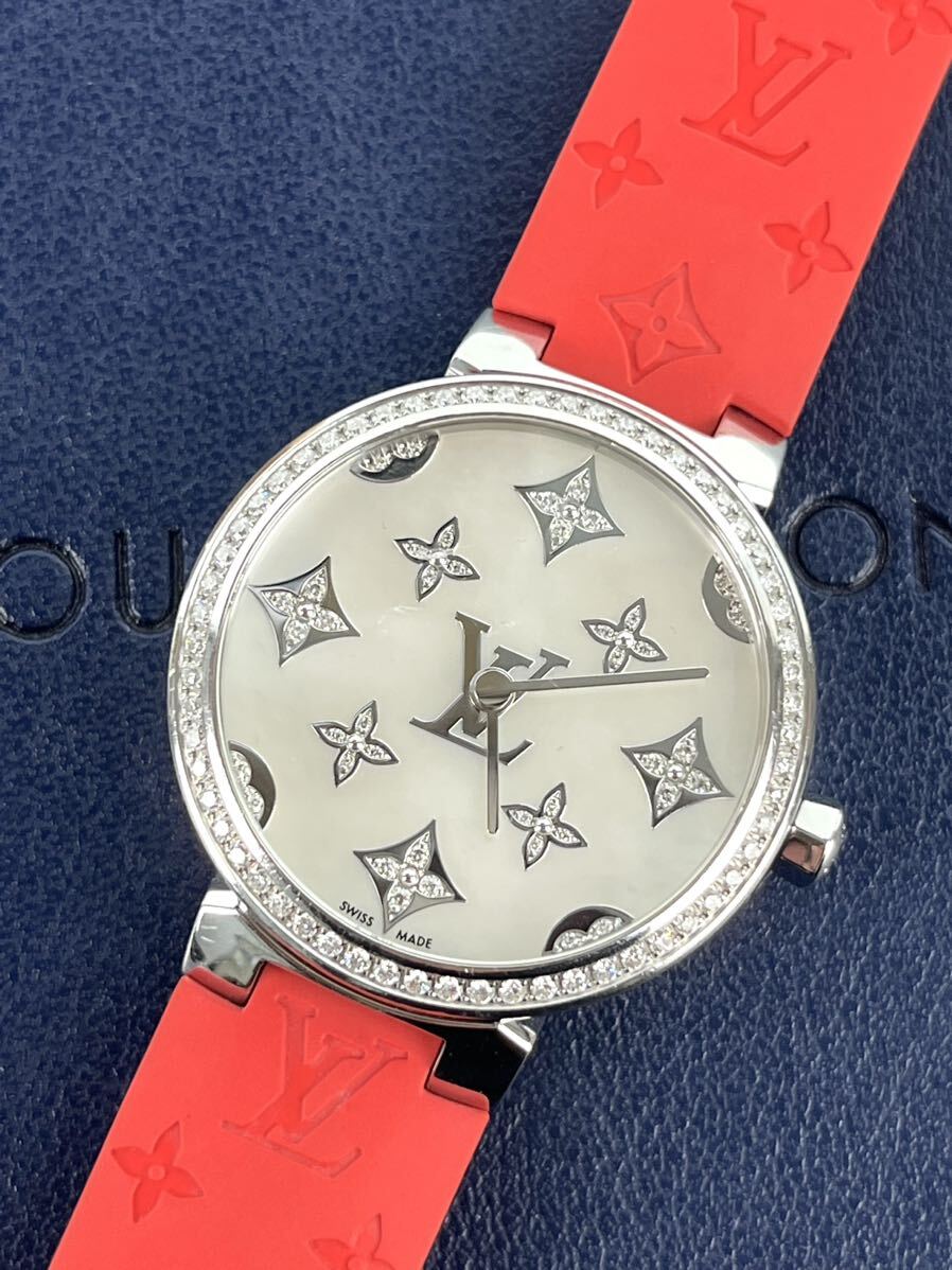 LOUIS VUITTON Louis * Vuitton наручные часы язык b-ru тонкий бриллиантовая оправа ракушка циферблат монограмма белый красный QZ женский 