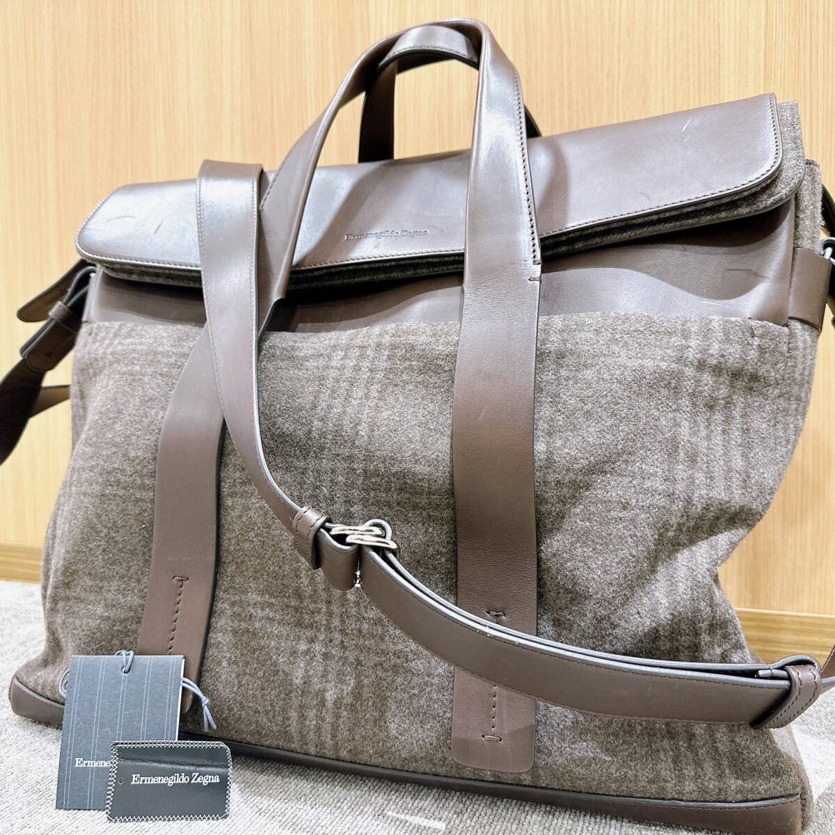 【TOA-4668】 1円～ Ermenegiido Zegna エルメネジルド ゼニア 2way ボストン ハンドバッグ ショルダーバッグ 旅行鞄 ツイード 現状保管品の画像1