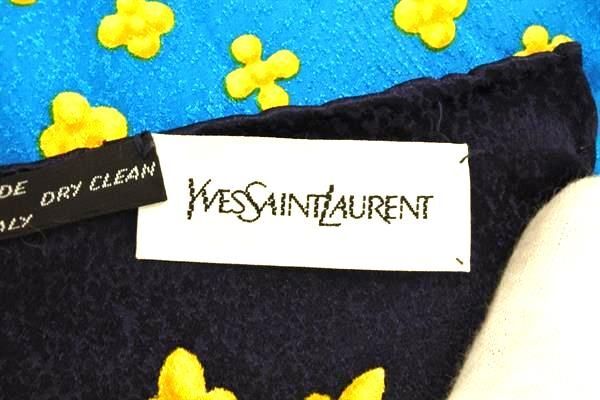 1円 ■美品■ YVESSAINTLAURENT イヴサンローラン シルク100% 総柄 大判 スカーフ ストール ショール ネイビー系×マルチカラー AX1280_画像5