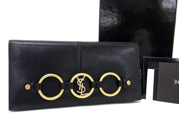 ■極美品■ YVESSAINTLAURENT イヴサンローラン レザー 二つ折り 長財布 ウォレット レディース ブラック系 AS9581_画像1