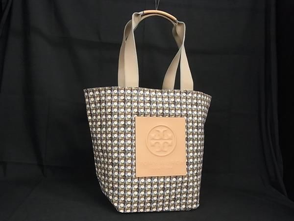 ■新品同様■ TORY BURCH トリーバーチ キャンバス 総柄 トートバッグ ハンドバッグ レディース メンズ ベージュ系×マルチカラー AV7274_画像1