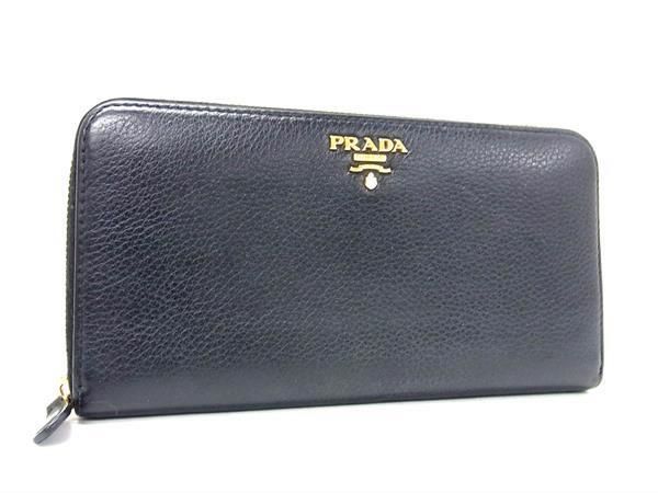 1円 ■美品■ PRADA プラダ レザー ラウンドファスナー 長財布 ウォレット メンズ ブラック系 AX3835_画像1