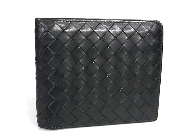 1円 ■美品■ BOTTEGA VENETA ボッテガヴェネタ イントレチャート レザー 二つ折り 財布 ウォレット 札入れ メンズ ブラック系 AV9794_画像1