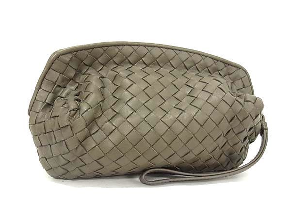 1円 ■美品■ BOTTEGA VENETA ボッテガヴェネタ イントレチャート レザー ポーチ マルチケース 小物入れ レディース グレー系 AV8512_画像1