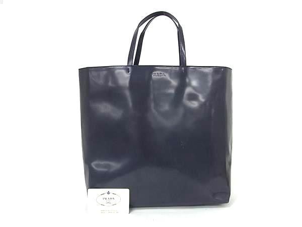 1円 ■美品■ PRADA プラダ B7843 パテントレザー トートバッグ ハンドバッグ レディース メンズ ネイビー系 BF6241_画像1