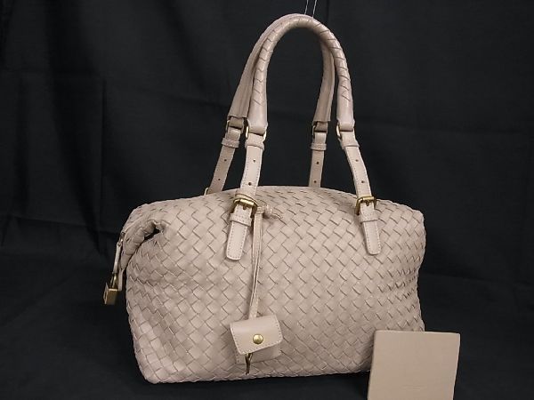 1円 ■美品■ BOTTEGA VENETA ボッテガヴェネタ イントレチャート レザー カデナ付 ミラー付 ハンドバッグ ピンクベージュ系 EA1828_画像1