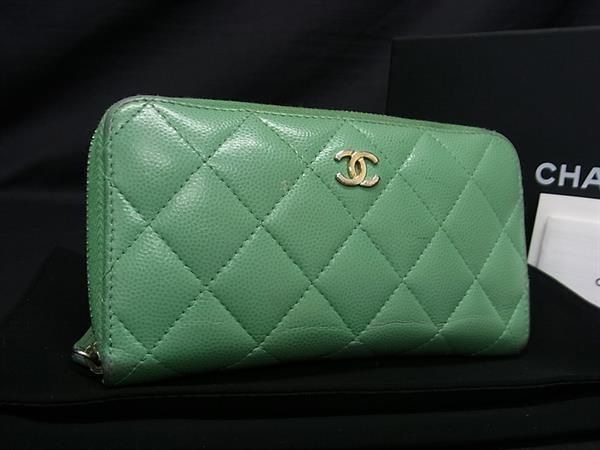 1円 CHANEL シャネル ココマーク マトラッセ レザー コインケース コインパース 小銭入れ レディース グリーン系 FA2688_画像1