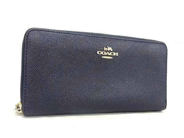 1円 ■美品■ COACH コーチ 58857 レザー ラウンドファスナー 長財布 ウォレット 札入れ 小銭入れ カード入れ ネイビー系 FA1758_画像1