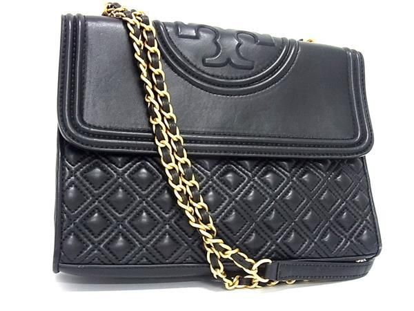 1円 ■極美品■ TORY BURCH トリーバーチ レザー タッセル チェーン クロスボディ ショルダーバッグ レディース ブラック系 FC0523_画像1