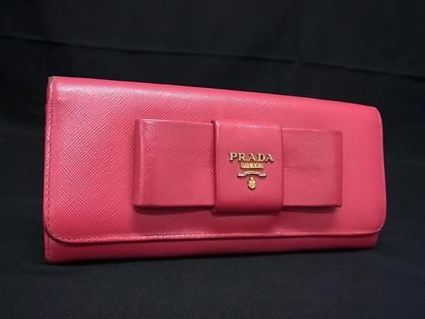 1円 PRADA プラダ サフィアーノレザー リボン 二つ折り 長財布 ウォレット レディース ピンク系 FA3048_画像1