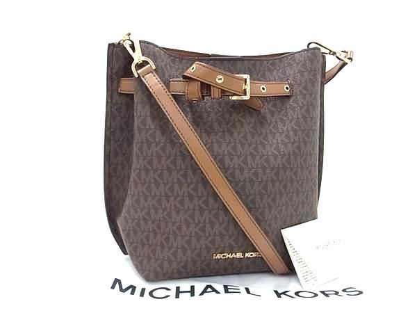 1円 ■極美品■ MICHAEL KORS マイケルコース MK柄 PVC×レザー クロスボディ ショルダーバッグ 斜め掛けかばん ブラウン系 FC1576の画像1