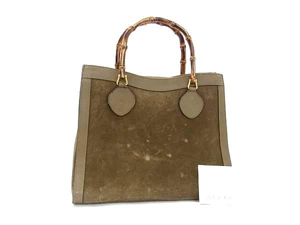 1円 ■美品■ GUCCI グッチ 002 1186 0260 バンブー スエード×レザー ハンドバッグ トート レディース カーキ系 CB1877_画像1