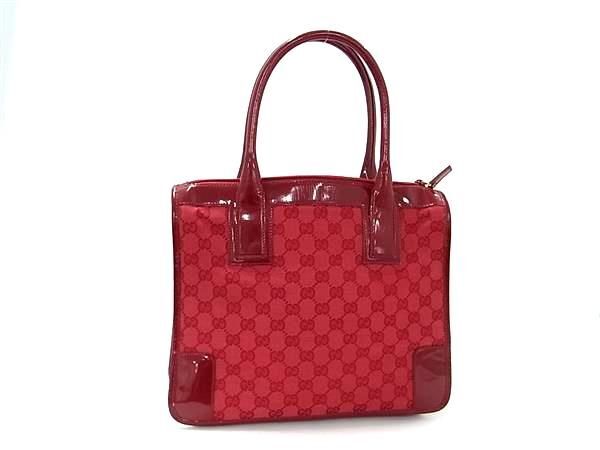 1円 GUCCI グッチ 000 0855 002113 GG柄 GGキャンバス×パテントレザー トートバッグ ショルダー レディース レッド系 AV6354_画像1