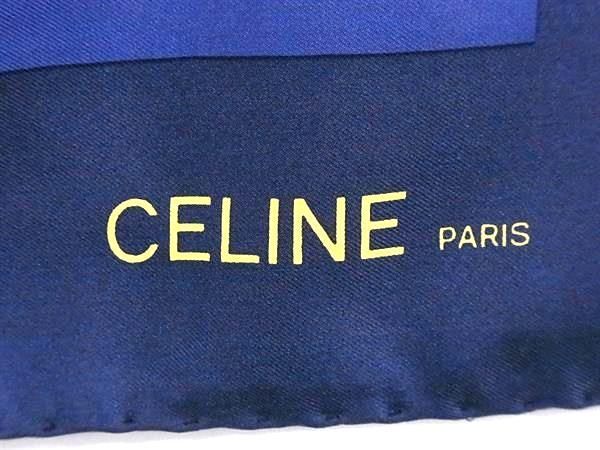 1円 ■新品同様■ CELINE セリーヌ シルク100% 大判 スカーフ ストール ショール レディース ネイビー系 AX5397の画像4