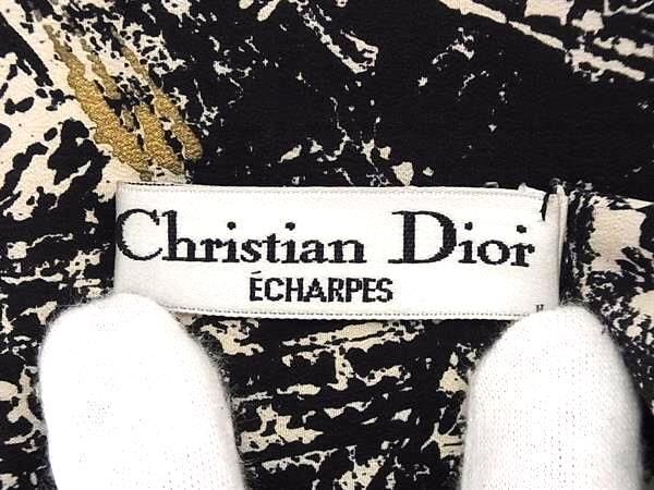 1円 ChristianDior クリスチャンディオール シルク100% スカーフ ストール ショール レディース ブラック系×アイボリー系 BH1499_画像4