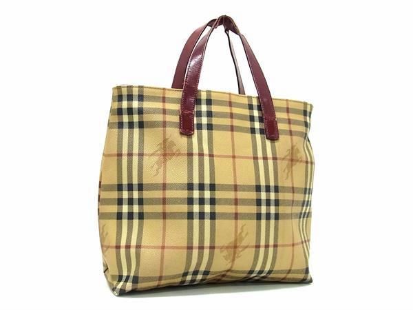 1円 BURBERRY バーバリー ノバチェック PVC×レザー トートバッグ ハンドバッグ レディース ライトブラウン系×ボルドー系 AW3433の画像1