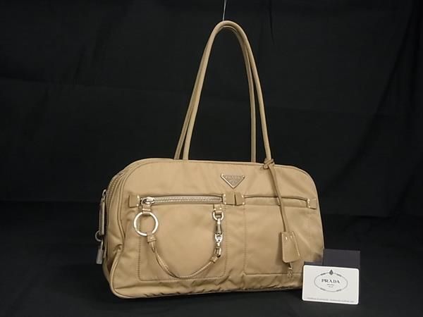 1円 ■美品■ PRADA プラダ BR1553 テスートナイロン カデナ付き トート ハンドバッグ ショルダー 肩掛け レディース ベージュ系 FC1539_画像1