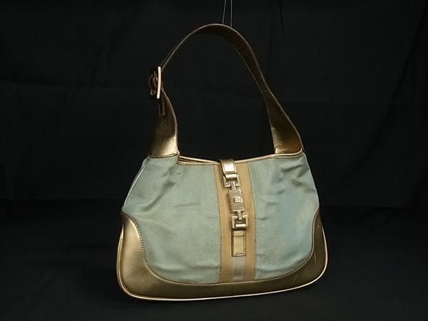 1円 GUCCI グッチ 001 3306 2684 ジャッキー ナイロンキャンバス×レザー ワンハンドル ハンドバッグ ショルダー 肩掛け グリーン系 BF6771_画像1