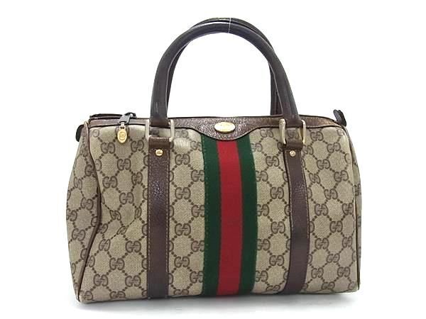 1円 GUCCI グッチ オールドグッチ ヴィンテージ シェリーライン PVC×レザー トートバッグ ハンドバッグ レディース ベージュ系 BK0672_画像1