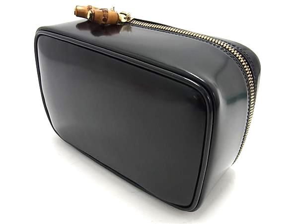 1円 ■美品■ GUCCI グッチ 032 1956 0151 バンブー レザー ハンドバッグ バニティポーチ レディース ブラック系 BF6788_画像4