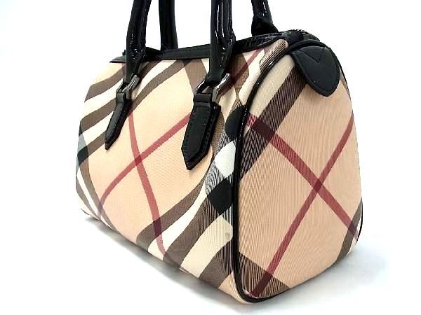 1円 ■極美品■ BURBERRY バーバリー PVC×パテントレザー チェック柄 ハンドバッグ ミニボストン レディース ベージュ系 AN9961_画像3