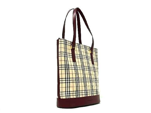 1円 ■極美品■BURBERRY バーバリー ノバチェック キャンバス×レザー トートバッグ ショルダーバッグ 肩掛け ベージュ系×レッド系 AN9921_画像2