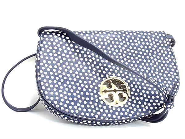 1円 ■美品■ TORY BURCH トリーバーチ レザー 水玉 ドット柄 クロスボディ ショルダーバッグ レディース ネイビー系 BJ1656_画像1