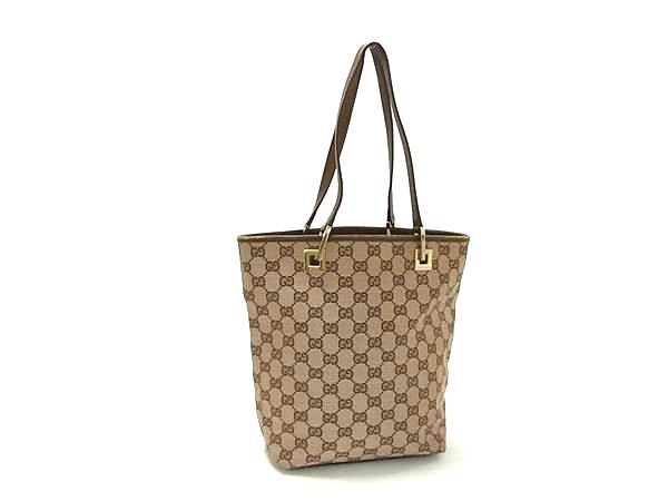 1円 GUCCI グッチ GGキャンバス×レザー ハンドバッグ ショルダー レディース ブラウン系 AW4761_画像1