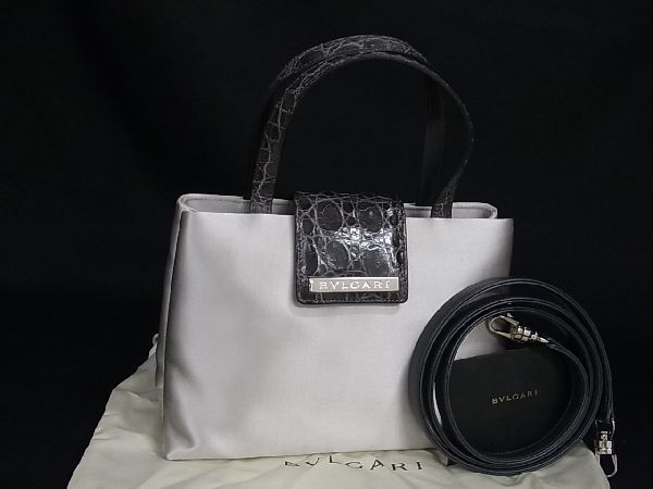 1円 ■極上■本物■新品■未使用■ BVLGARI ブルガリ サテン×クロコダイル 2WAY ハンドバッグ ショルダー レディース グレー系 AN2286_画像1