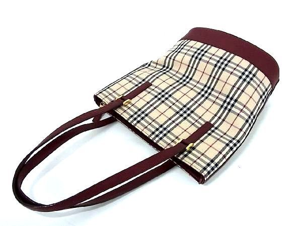 1円 ■新品同様■ BURBERRY バーバリー ノバチェック キャンバス×レザー ハンドバッグ ショルダー 肩掛け ベージュ系×ボルドー系 AR7484_画像5