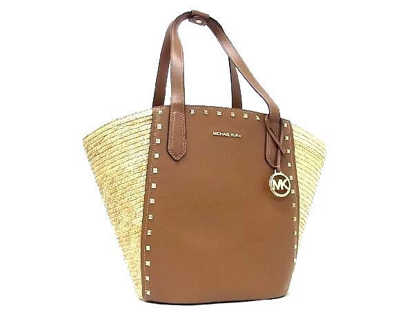 1円 ■新品同様■MICHAEL KORS マイケルコース ストロー×レザー かごバッグ トートバッグ ショルダーバッグ 肩掛けブラウン系 AN9860_画像1