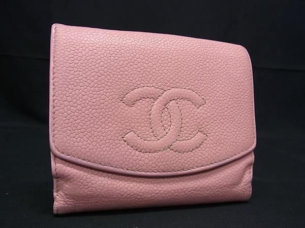 1円 CHANEL シャネル ココマーク キャビアスキン 二つ折り 財布 ウォレット 小銭入れ 札入れ レディース ピンク系 FA2586_画像1