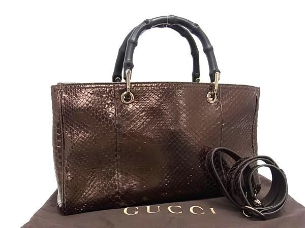 1円 ■極上■本物■極美品■ GUCCI グッチ 323660 001998 バンブー パイソン 2WAY トートバッグ ショルダー レディース ブラウン系 AZ0649_画像1