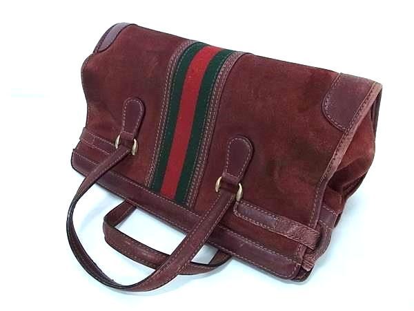 1円 GUCCI グッチ オールドグッチ ヴィンテージ シェリーライン スエード ハンドバッグ トートバッグ ボルドー系 AY1463_画像3