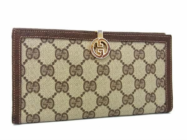 1円 GUCCI グッチ オールドグッチ ヴィンテージ GG柄 PVC×レザー 二つ折り 長財布 ウォレット 小銭入れ 札入れ ブラウン系 FA2612_画像1