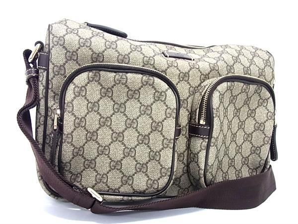 1円 ■美品■ GUCCI グッチ 246881 GGスプリーム GG柄 PVC×レザー クロスボディ ショルダーバッグ レディース ブラウン系 FA1276_画像1