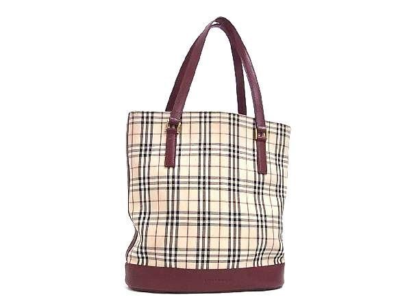 1円 BURBERRY バーバリー ノバチェック キャンバス×レザー ショルダーバッグ トート 肩掛け レディース ベージュ系×ボルドー系 BF7203_画像1