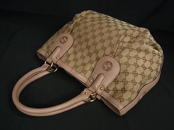 1円 GUCCI グッチ 269953 506631 GGキャンバス×レザー ハンドバッグ トート レディース ブラウン系×ピンクベージュ系 AW5012_画像3