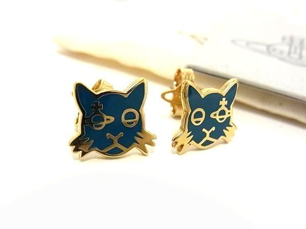 1円 Vivienne Westwood ヴィヴィアンウエストウッド オーブ KAT キャット 猫 ピアス アクセサリー グリーン系×ゴールド系 FA2420の画像1